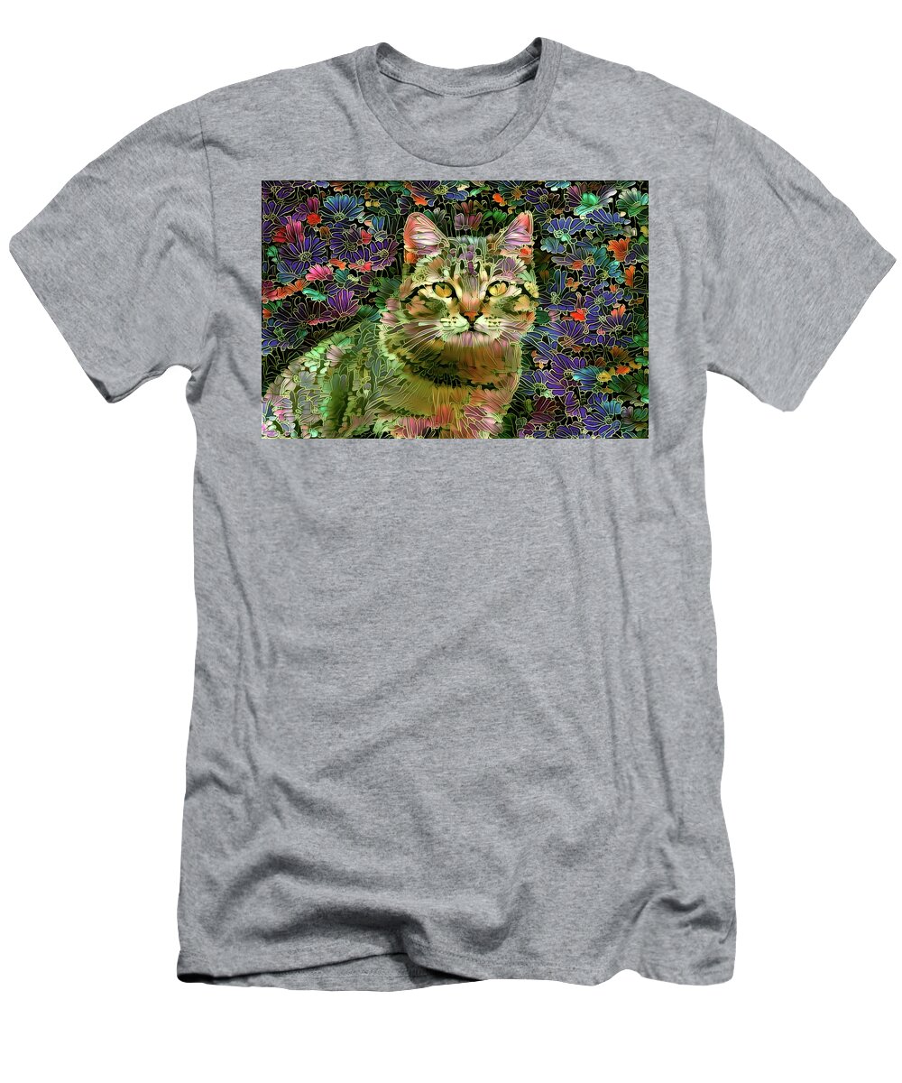 Colorful Cat T-Shirt featuring the digital art The Cat Who Loved Flowers 1 by Peggy Collins