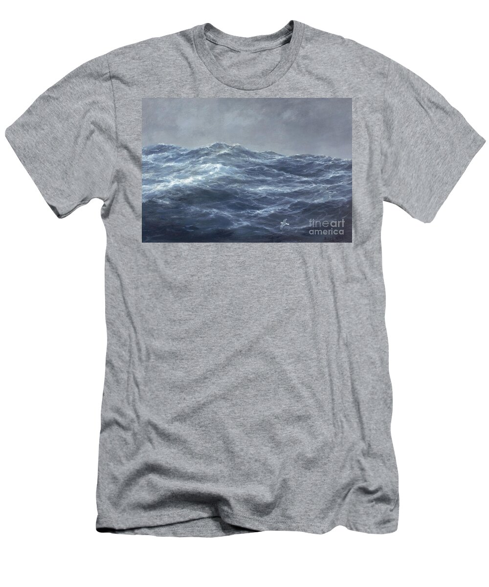 Rolling Waves; Wave; Seascape; Turbulent; Stormy; Ominous; Rough Sea; Ocean; Gull; Flying; Storm; Choppy; Darkening Skies; Water T-Shirt featuring the painting The Gull's Way by Richard Willis