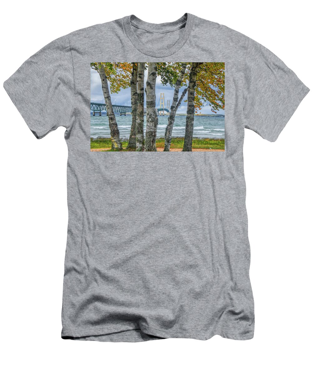 Art T-Shirt featuring the photograph The Mackinaw Bridge by the Straits of Mackinac in Autumn with Birch Trees by Randall Nyhof