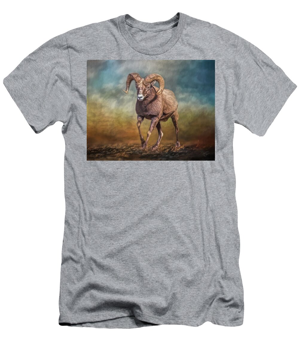 Sheep T-Shirt featuring the mixed media The Ram by Teresa Wilson
