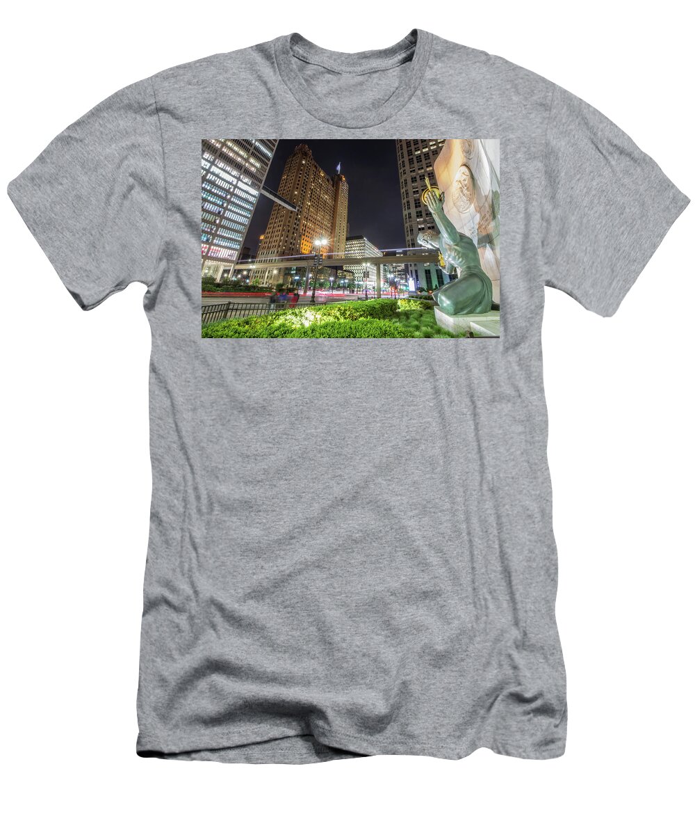 Detroit T-Shirt featuring the photograph The SPIRIT looking on in Downtown Detroit by Jay Smith