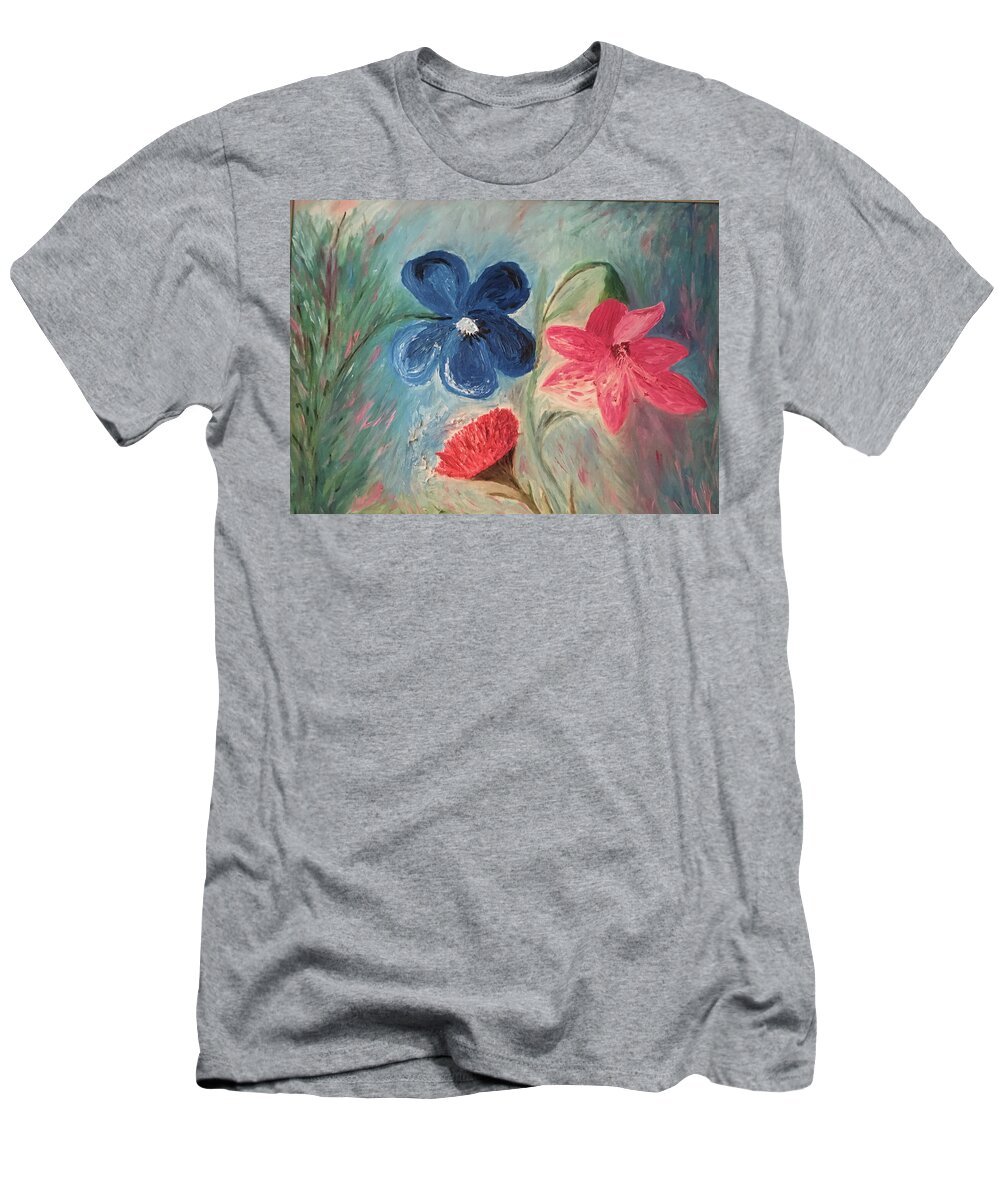 Flowers T-Shirt featuring the painting The Three Flowers by Susan Grunin