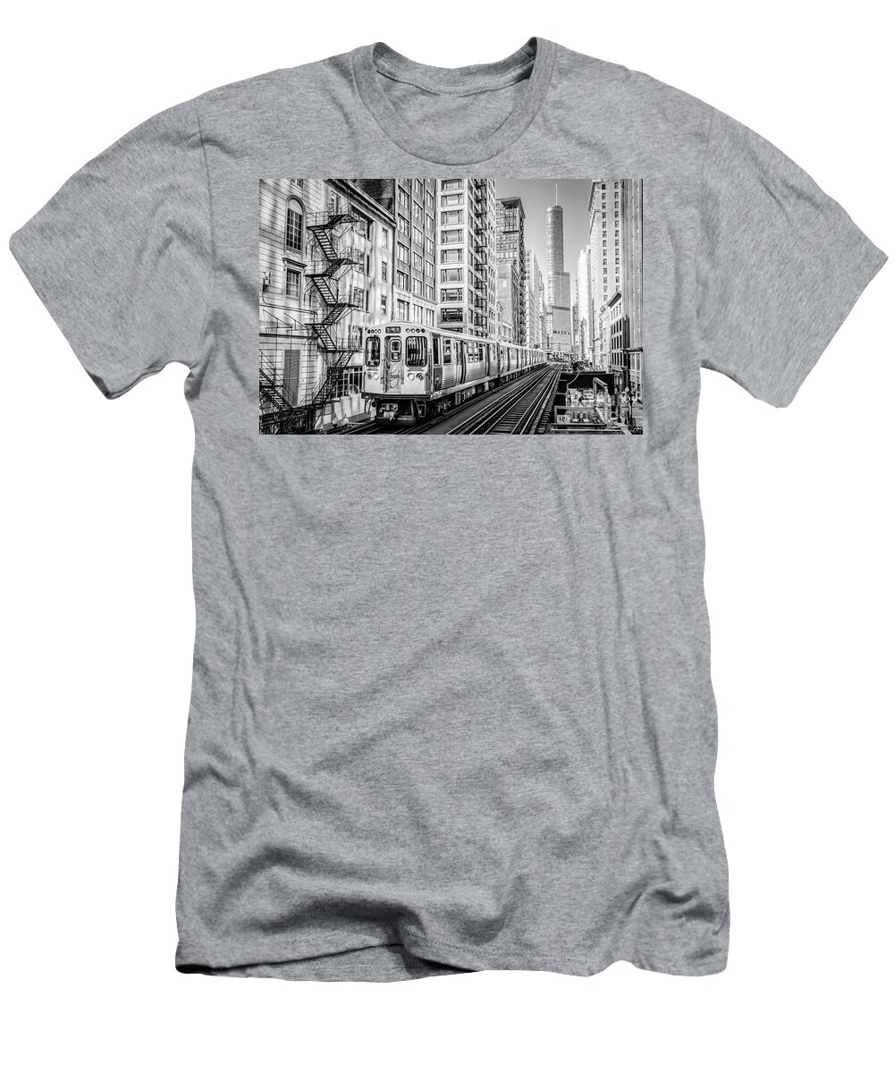 B/w T-Shirt featuring the photograph The Wabash L Train in Black and White by David Levin