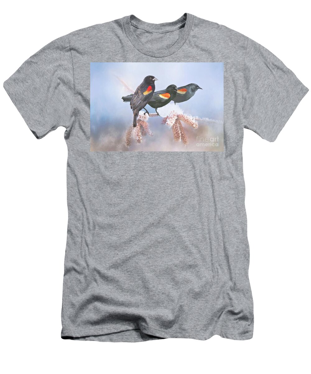 Blackbirds T-Shirt featuring the photograph Three Red-Winged Blackbirds in a Row by Janette Boyd