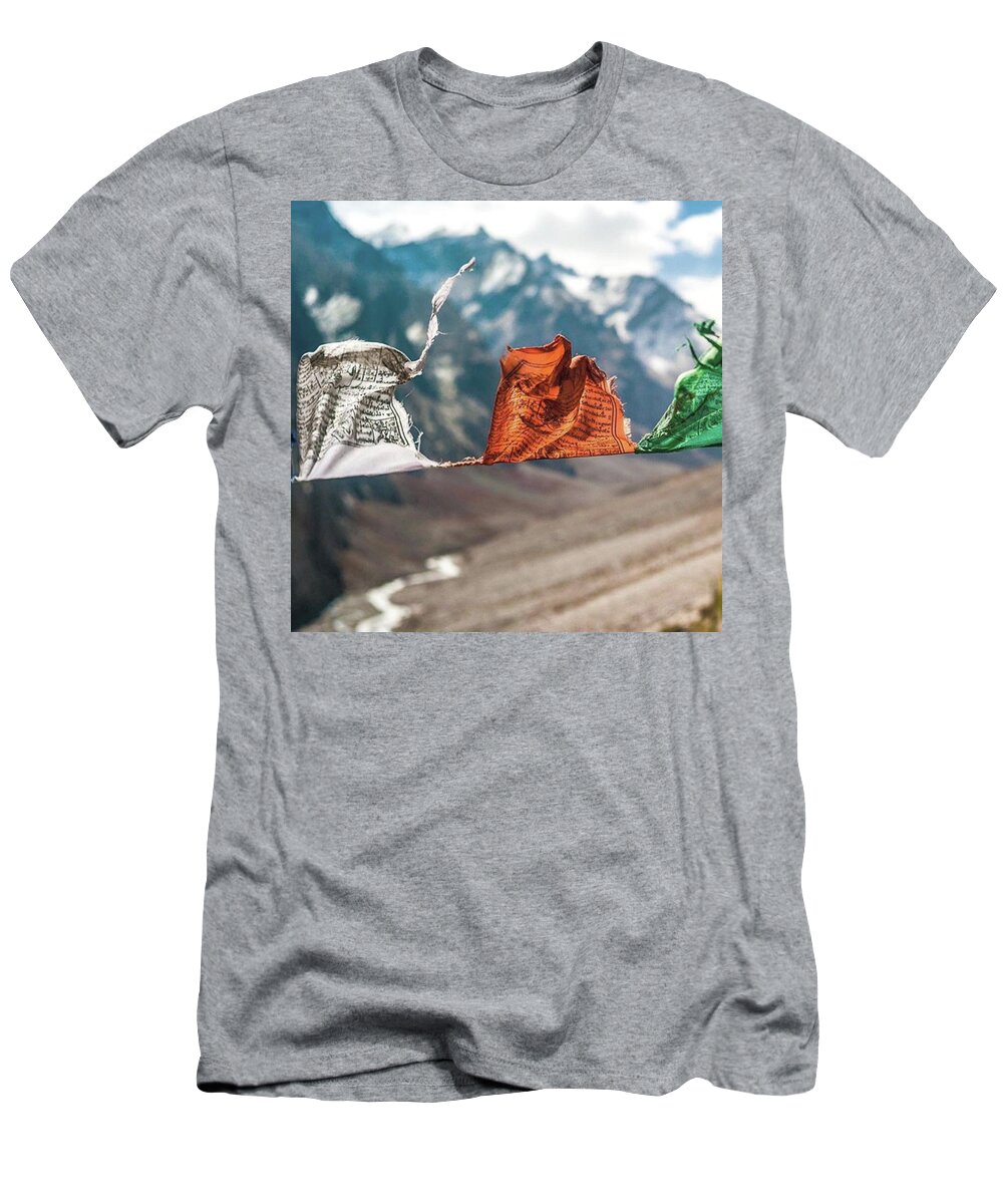  T-Shirt featuring the photograph Tibetan Flags Blowing In The Wind by Aleck Cartwright