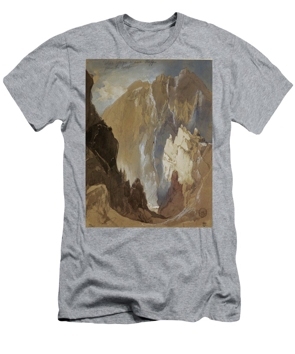 Thomas Moran T-Shirt featuring the drawing Toltec Gorge and Eva Cliff from the West, Colorado, 1892 by Thomas Moran