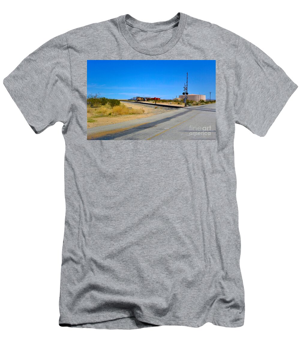 Railway Crossing; Railroad Crossing; Train Crossing; Union Pacific; Freight Train; Yellow; Blue; Green; Red; Water Storage; Train Tracks; Train Signal; Mojave Desert; Mohave Desert; Antelope Valley; Joe Lach T-Shirt featuring the photograph Train Loop by Joe Lach