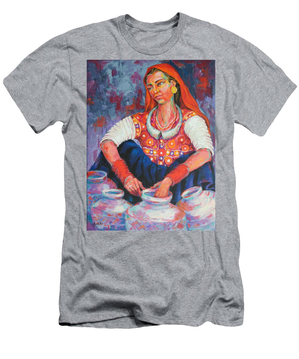 Tribal Woman T-Shirt featuring the painting Tribal Beauty of Kutch by Jyotika Shroff
