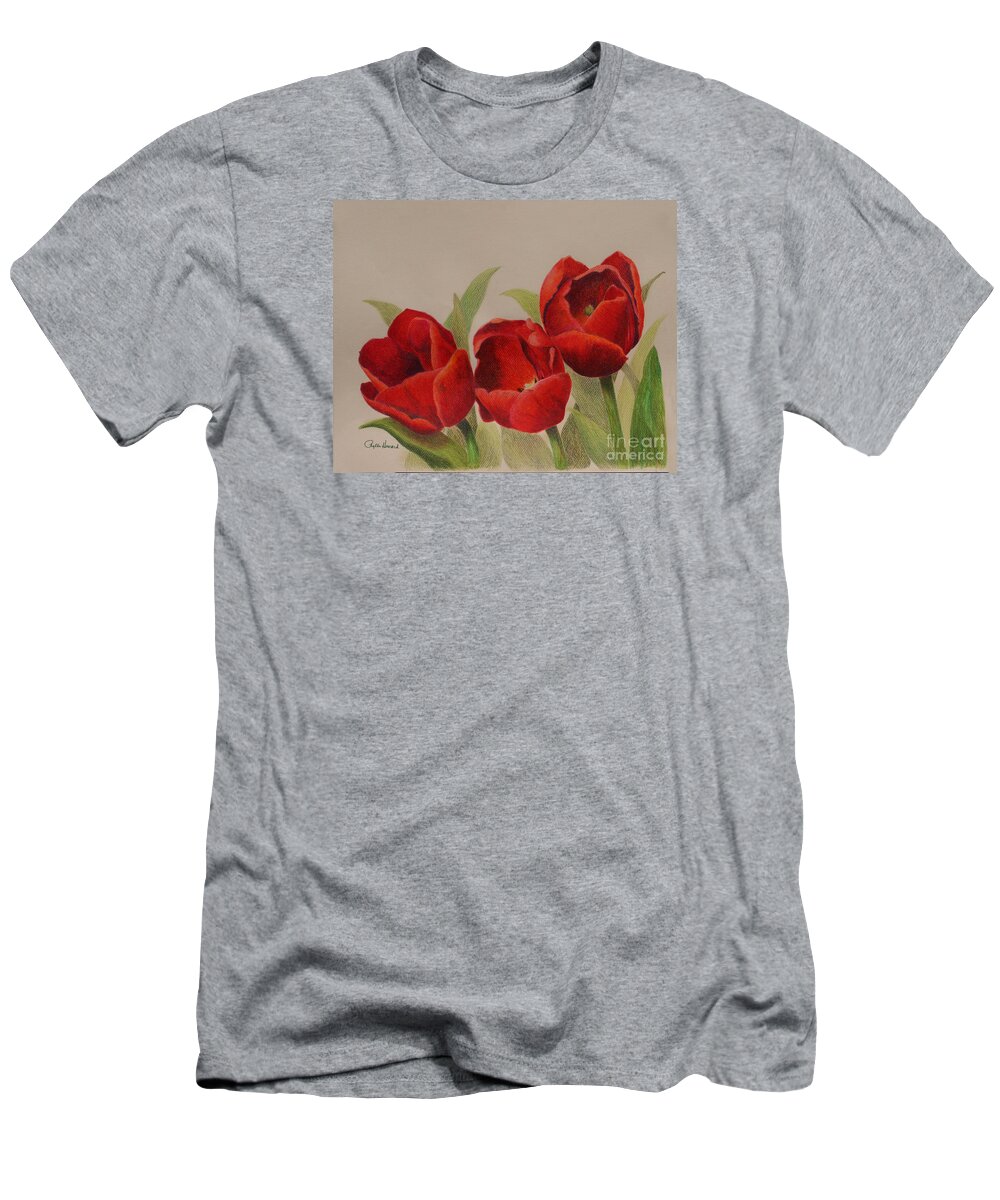 Tulips T-Shirt featuring the drawing Tulip Trio by Phyllis Howard