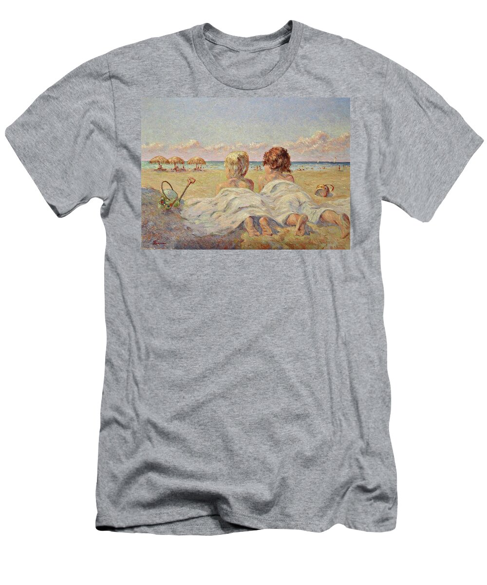 Children On The Beach T-Shirt featuring the painting Two children on the beach by Pierre Dijk