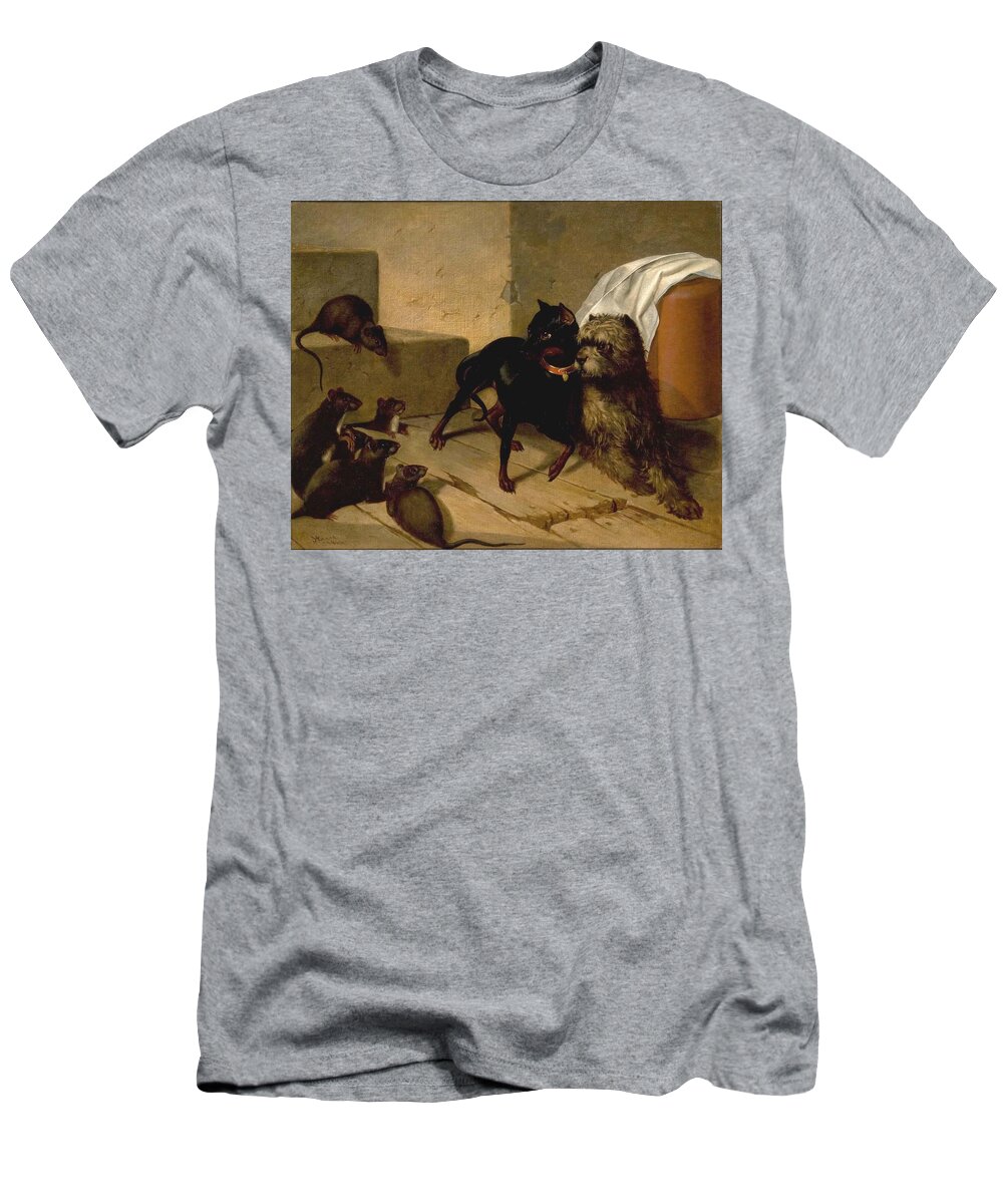 Two Dogs Cowering Before Rats T-Shirt featuring the painting Two Dogs Cowering before Rats by MotionAge Designs