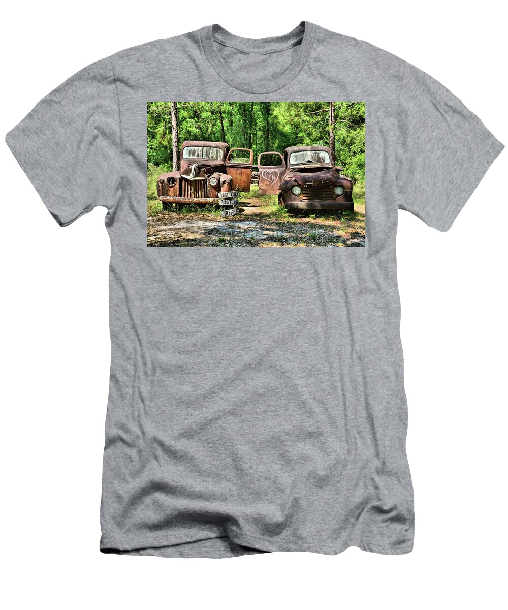 Pat Harvey's Truck Graveyard T-Shirt featuring the photograph Two Old Dogs by Ben Prepelka