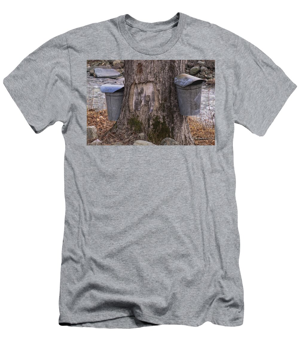 Maple Trees T-Shirt featuring the photograph Two Syrup Buckets by Tom Singleton