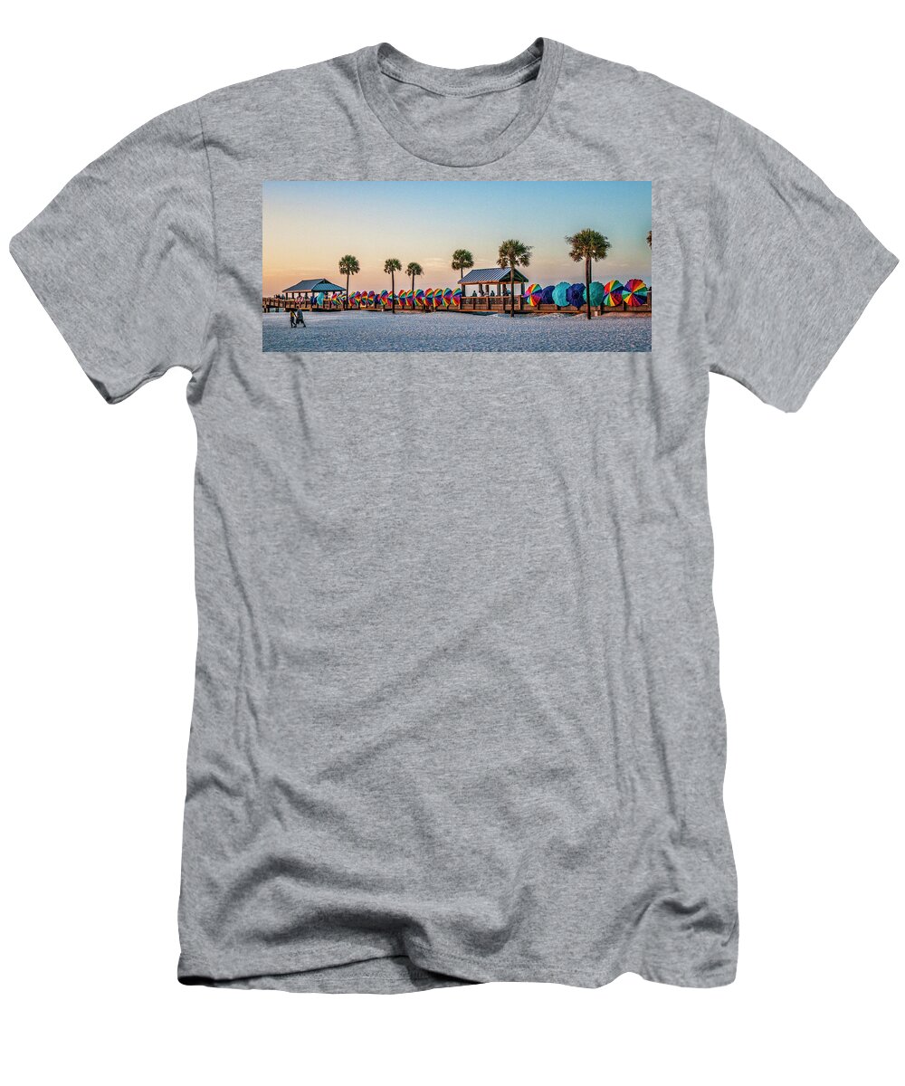 Umbrellas T-Shirt featuring the photograph Umbrella windbreaks at Clearwater Florida. by Brian Tarr