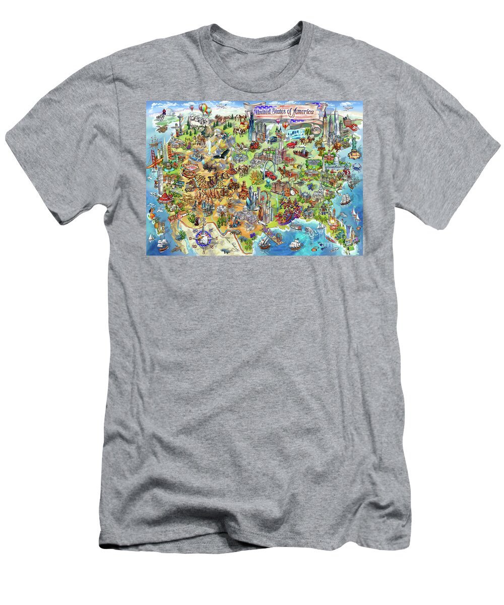 Los Angeles T-Shirt featuring the painting USA Wonders Map Illustration by Maria Rabinky