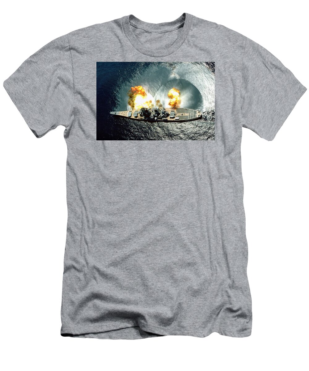 Uss Iowa T-Shirt featuring the photograph USS Iowa Firing A Full Broadside by War Is Hell Store