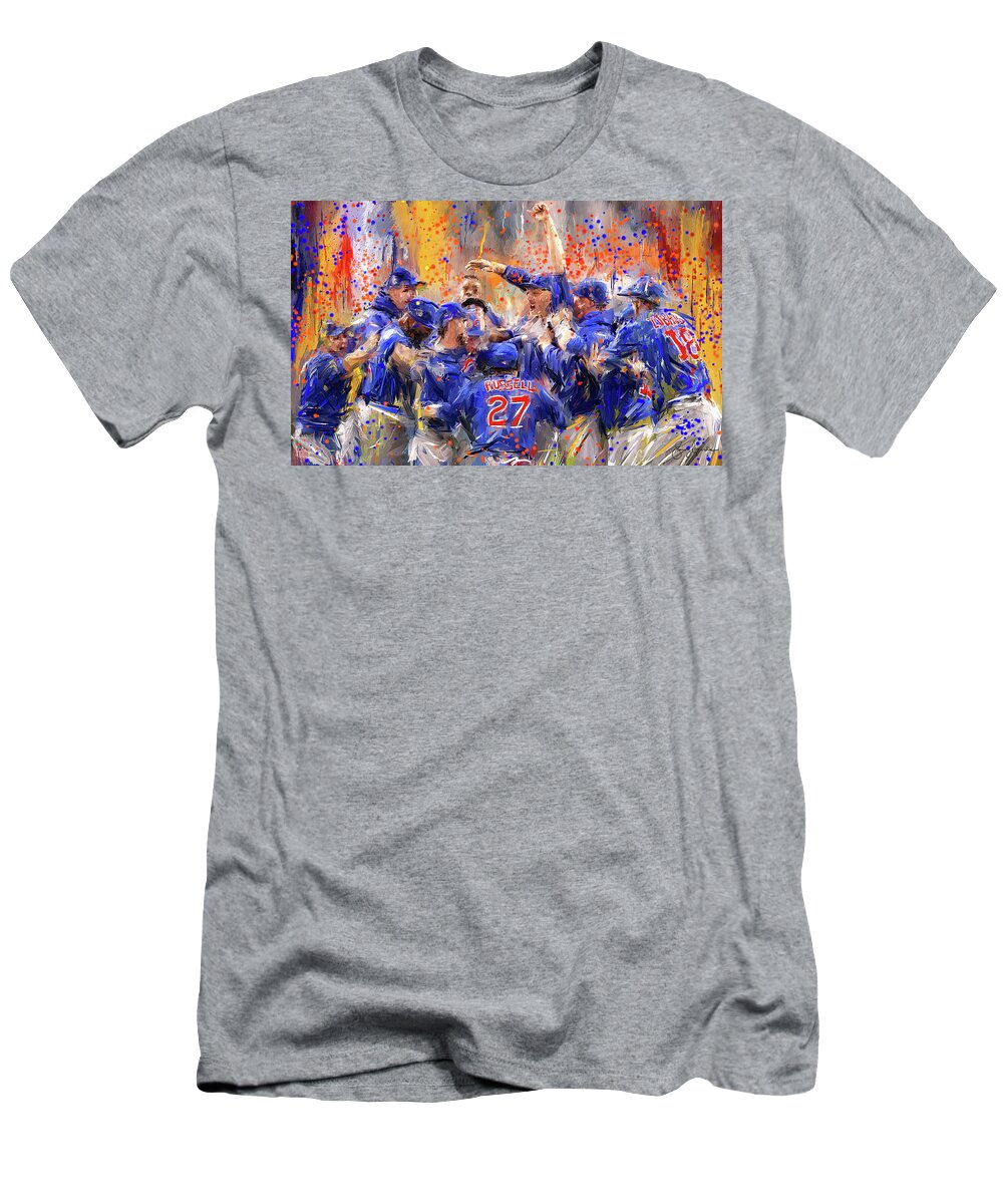 Cubs T-Shirt featuring the painting Victory At Last - Cubs 2016 World Series Champions by Lourry Legarde