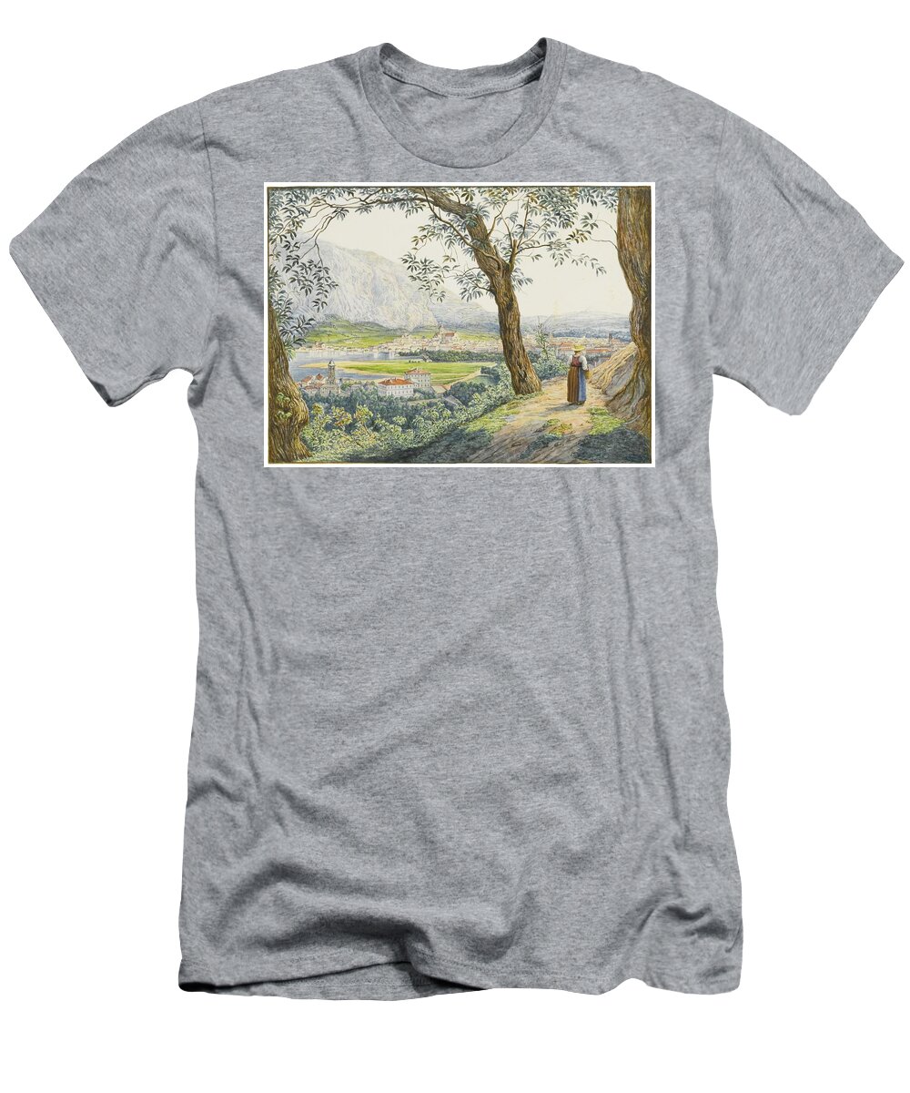 Jacob Alt Frankfurt Am Main 1789 - 1872 Vienna A View Of The Lake And Town Of Como T-Shirt featuring the painting Vienna A View Of The Lake And Town Of Como by MotionAge Designs