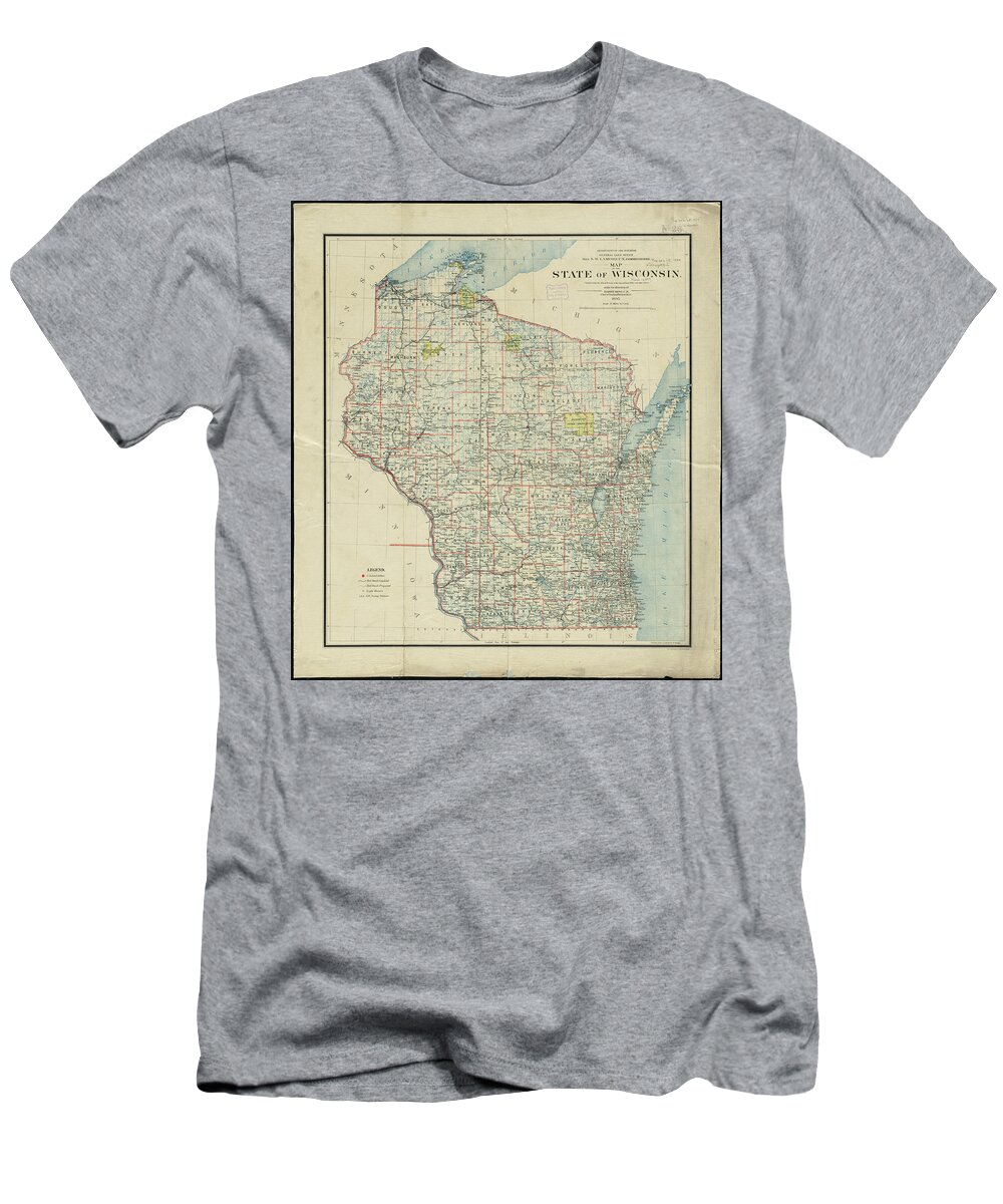 Wisconsin T-Shirt featuring the drawing Vintage Map of Wisconsin - 1895 by CartographyAssociates