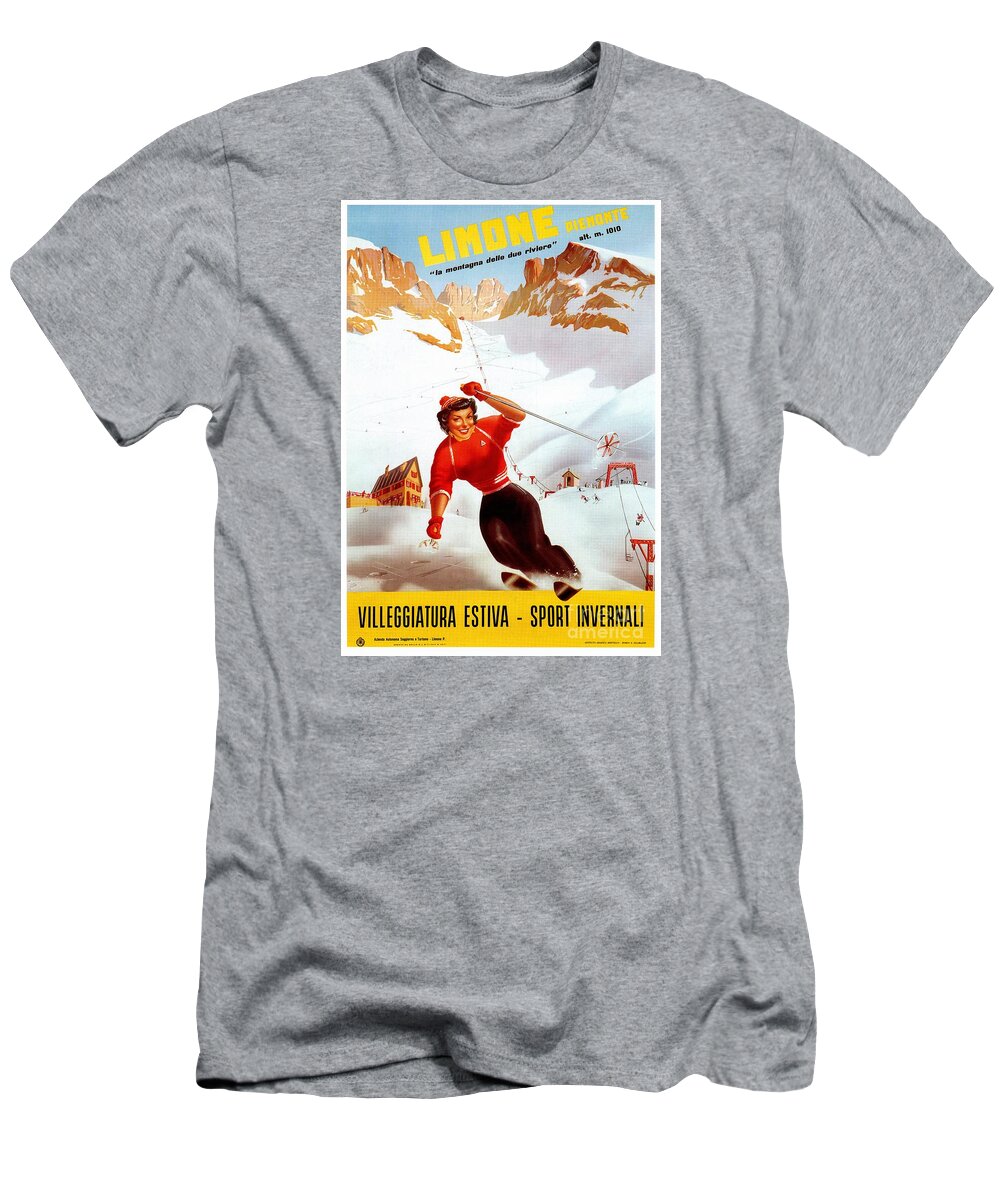 Vintage T-Shirt featuring the digital art Vintage ski Limone Piemonte Italian travel by Heidi De Leeuw