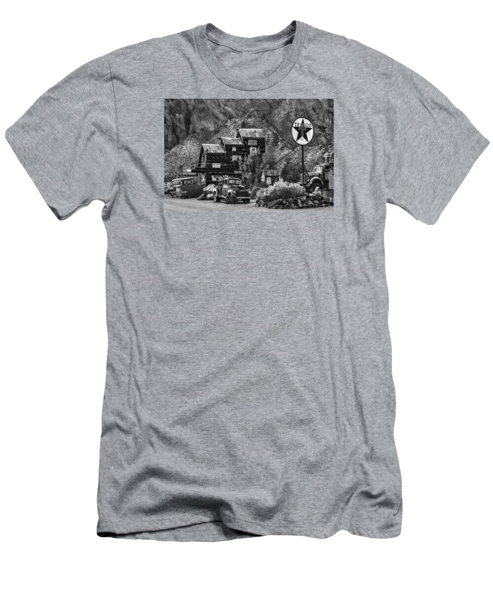 Americana T-Shirt featuring the photograph Vintage Texaco Gas Station BW by Susan Candelario