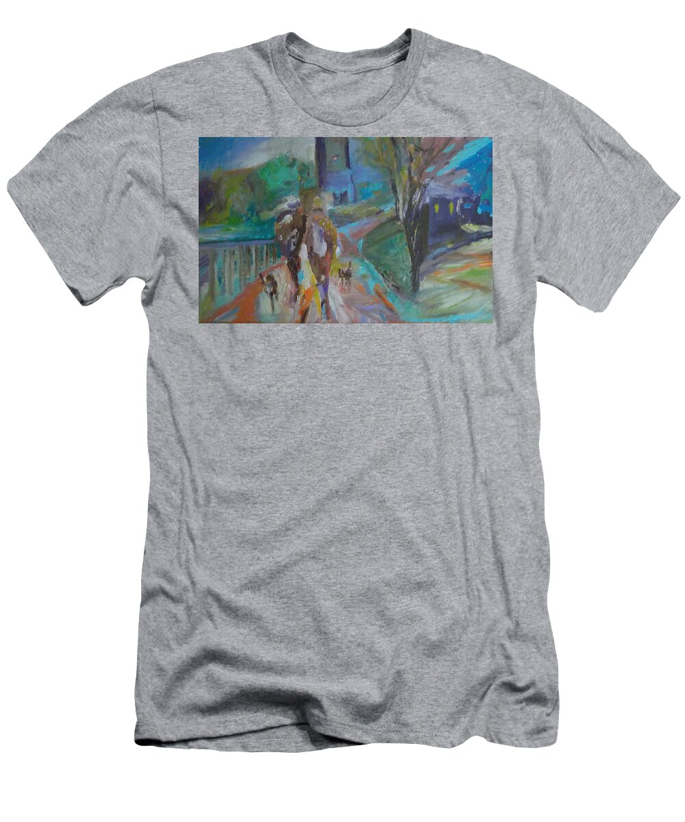 Cityscape T-Shirt featuring the painting Walkin the Dogs by Susan Esbensen