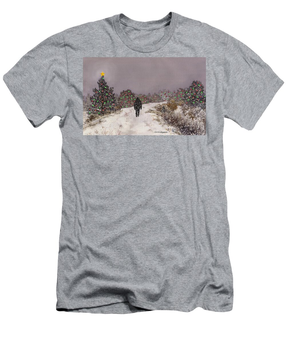 Snowy Painting T-Shirt featuring the painting Walking Into the Light by Anne Gifford