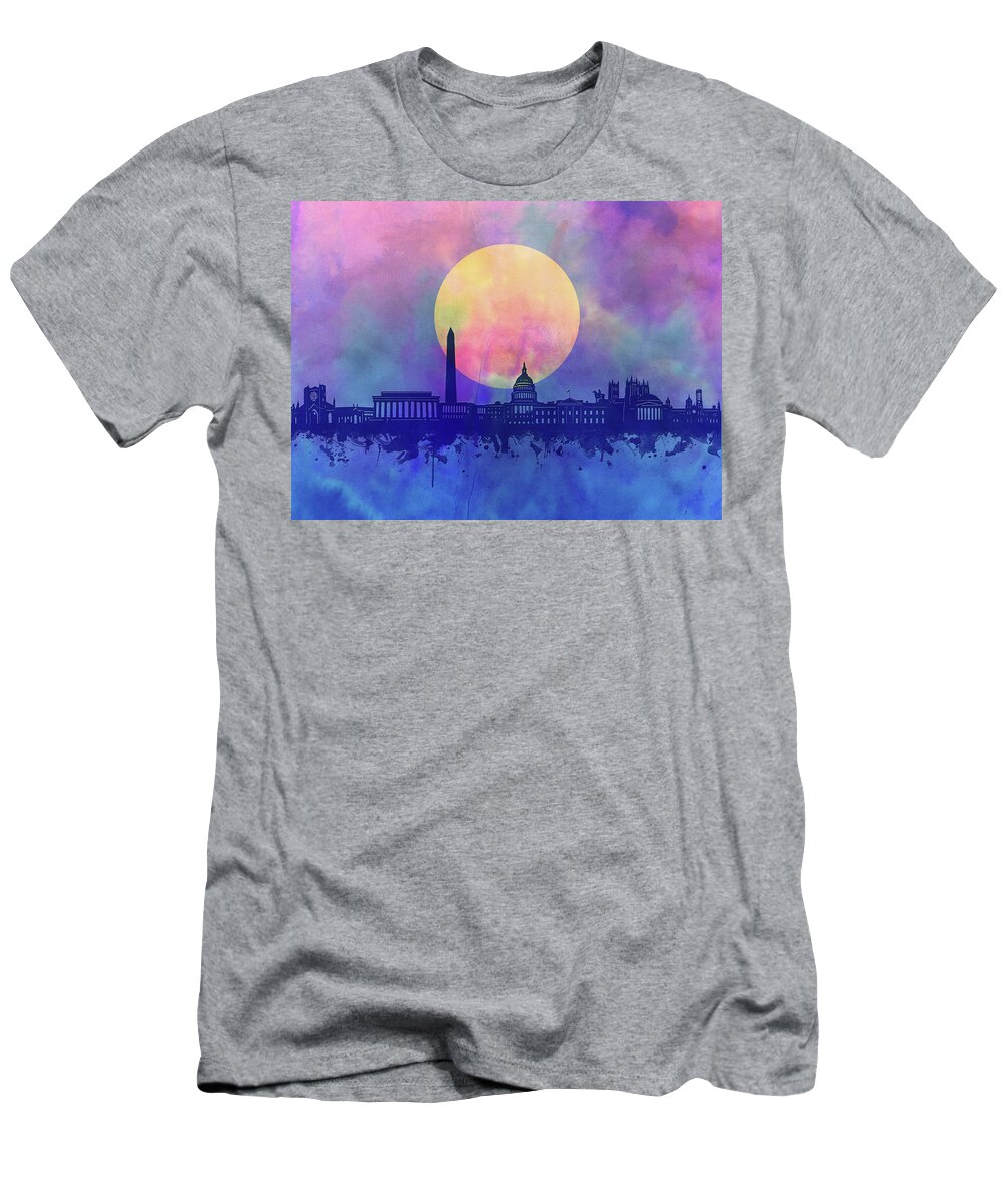 Washington Dc T-Shirt featuring the digital art Washington Dc Skyline Watercolor 4 by Bekim M