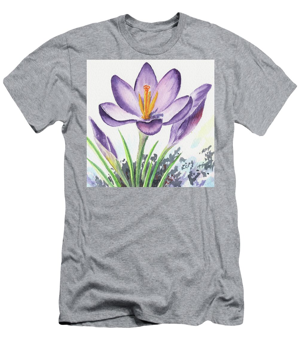 Watercolor T-Shirt featuring the painting Watercolor Crocus Spring Flower Close Up by Irina Sztukowski