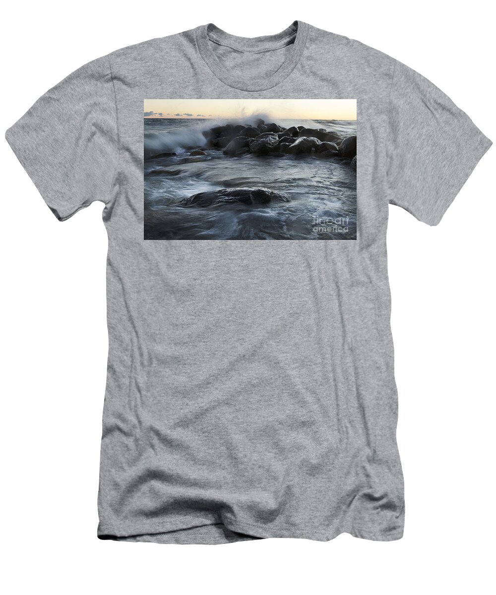 Wave T-Shirt featuring the photograph Wave Crashes Rocks 7838 by Steve Somerville