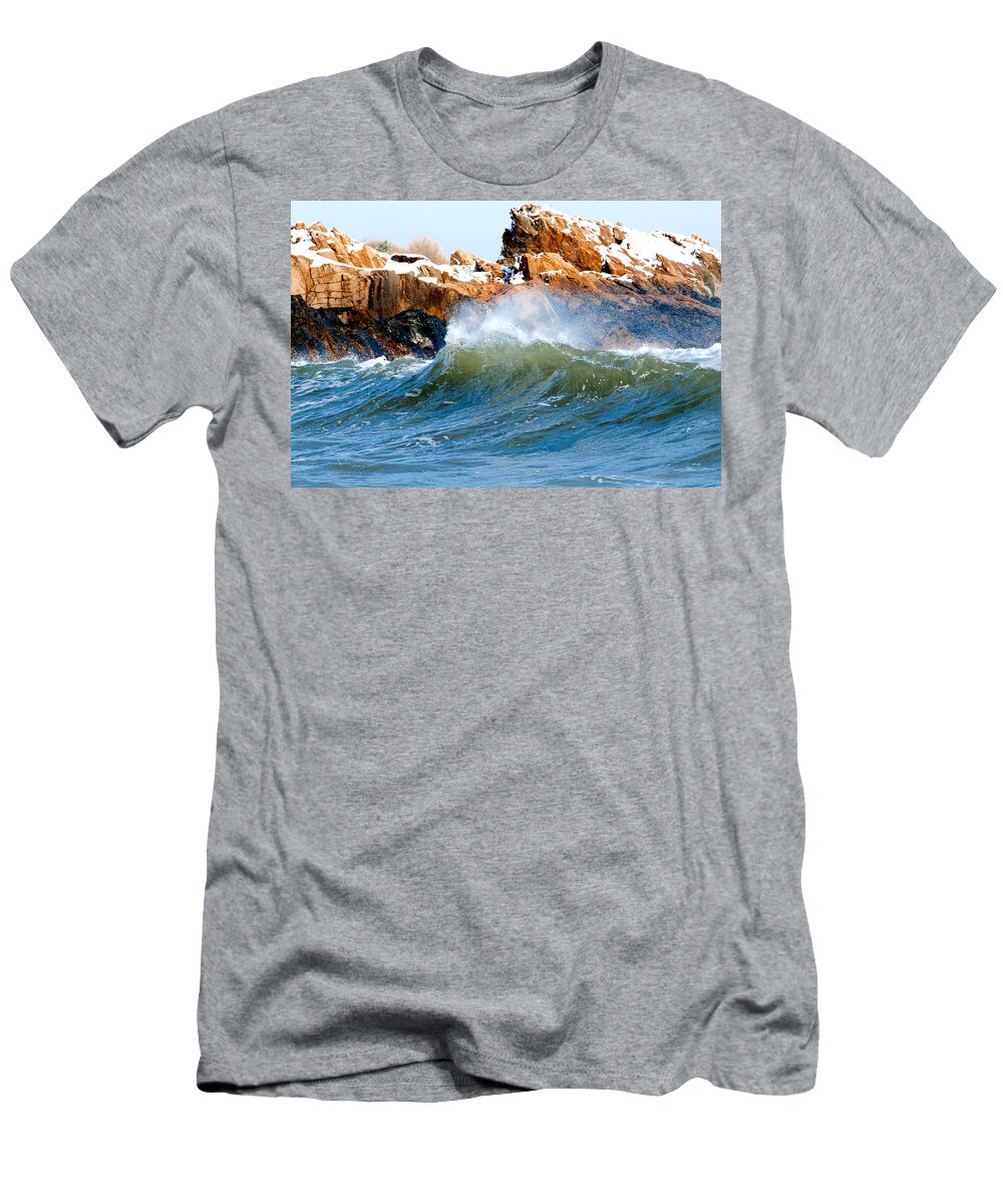 Gloucester T-Shirt featuring the photograph Wave Mirrors Rock by Greg Fortier