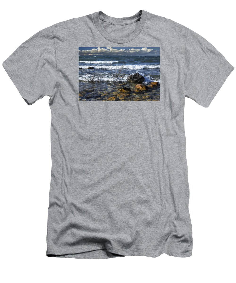 Grand Traverse Bay T-Shirt featuring the photograph Waves crashing ashore at Northport Point on Lake Michigan by Randall Nyhof