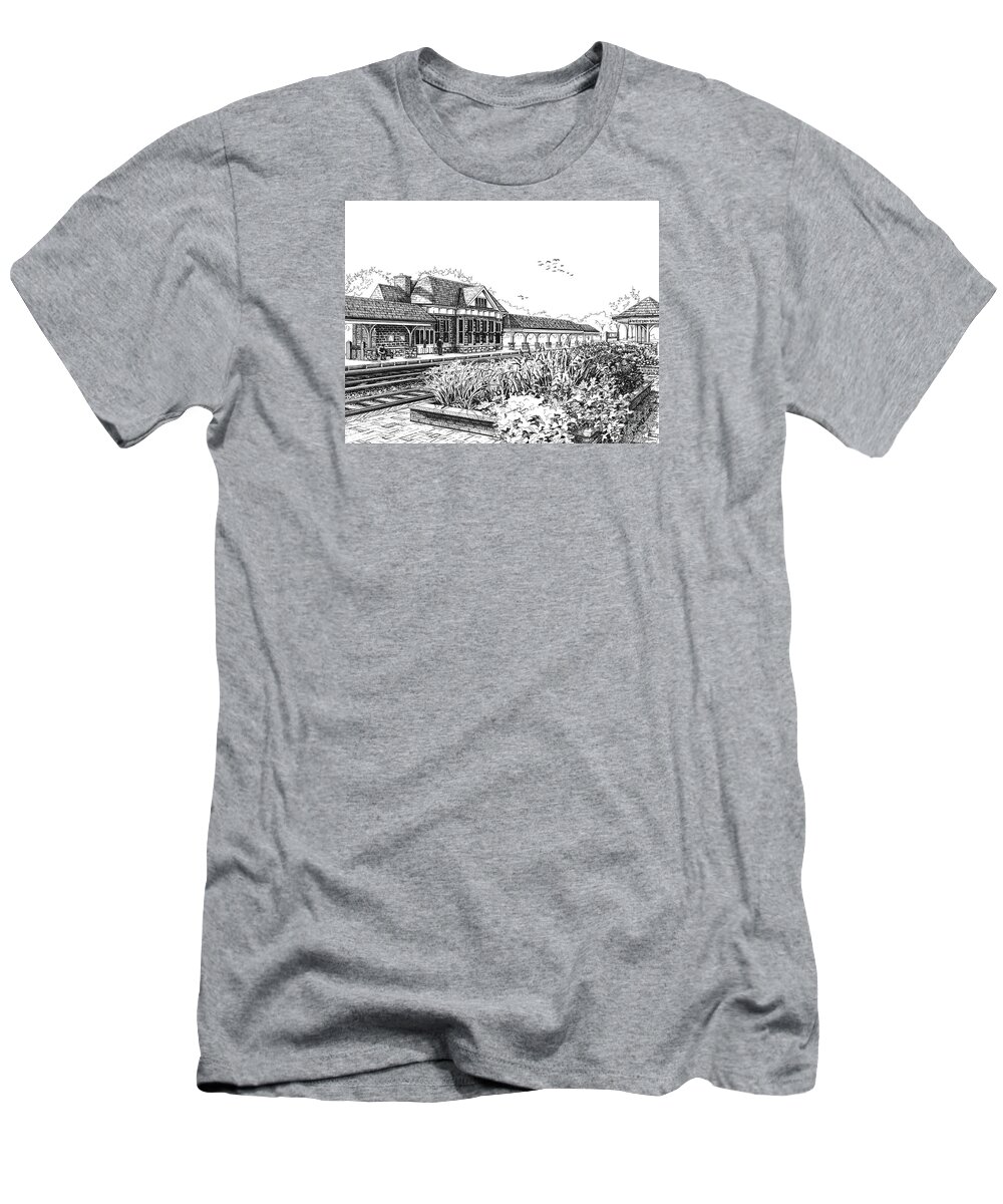 Train T-Shirt featuring the drawing Western Springs Train Station by Mary Palmer
