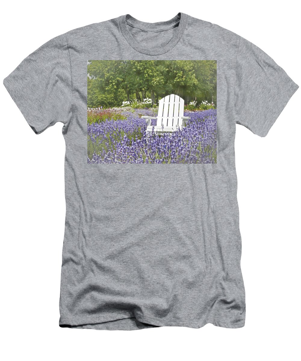 Adirondack Chair T-Shirt featuring the photograph White Chair in a Field of Lavender Flowers by Brooke T Ryan