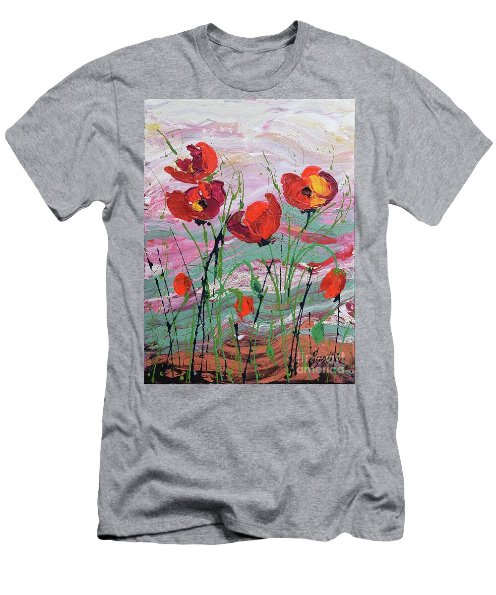 Wild Poppies - Triptych T-Shirt featuring the painting Wild Poppies - 1 by Jyotika Shroff