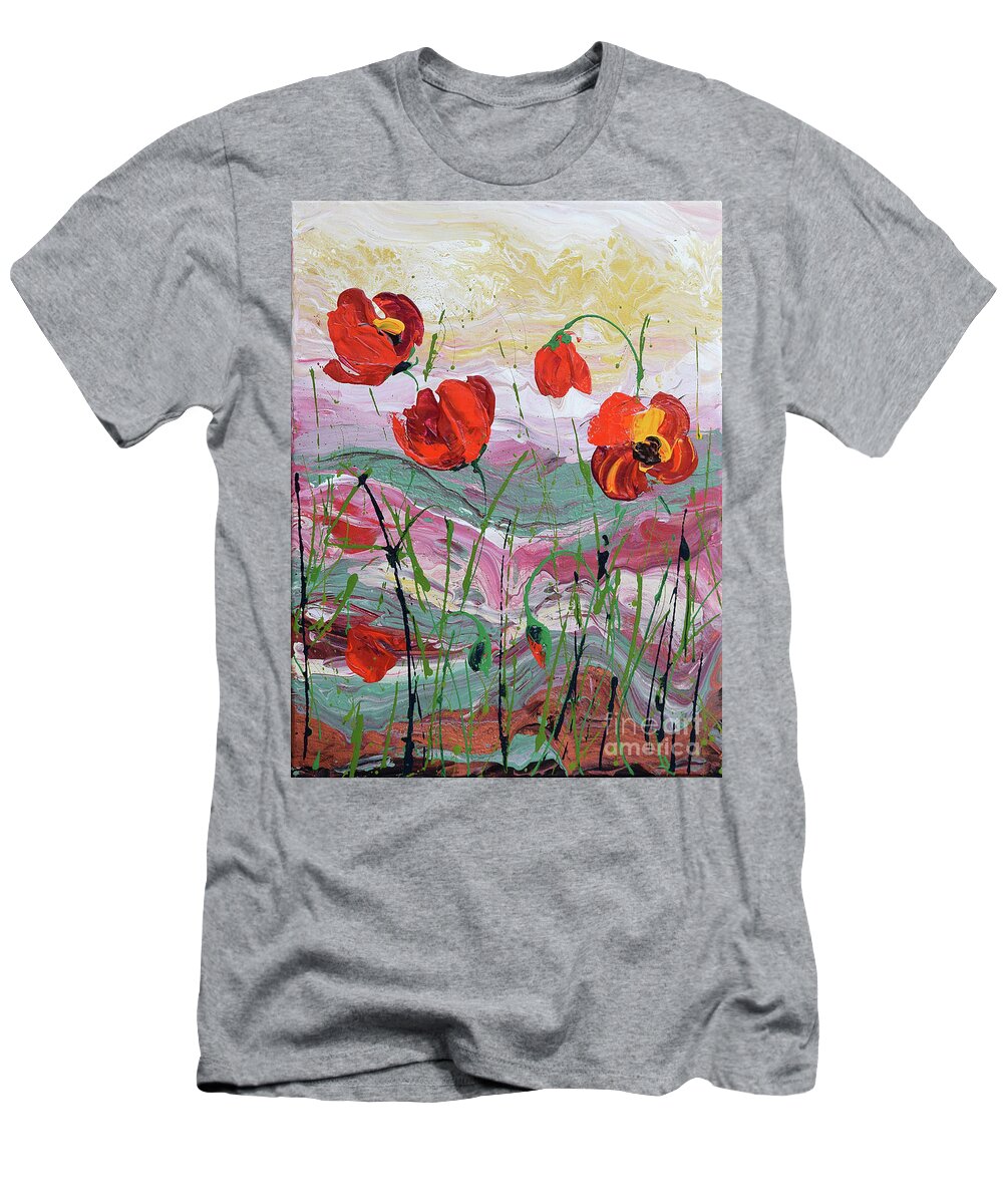 Wild Poppies - Triptych T-Shirt featuring the painting Wild Poppies - 2 by Jyotika Shroff