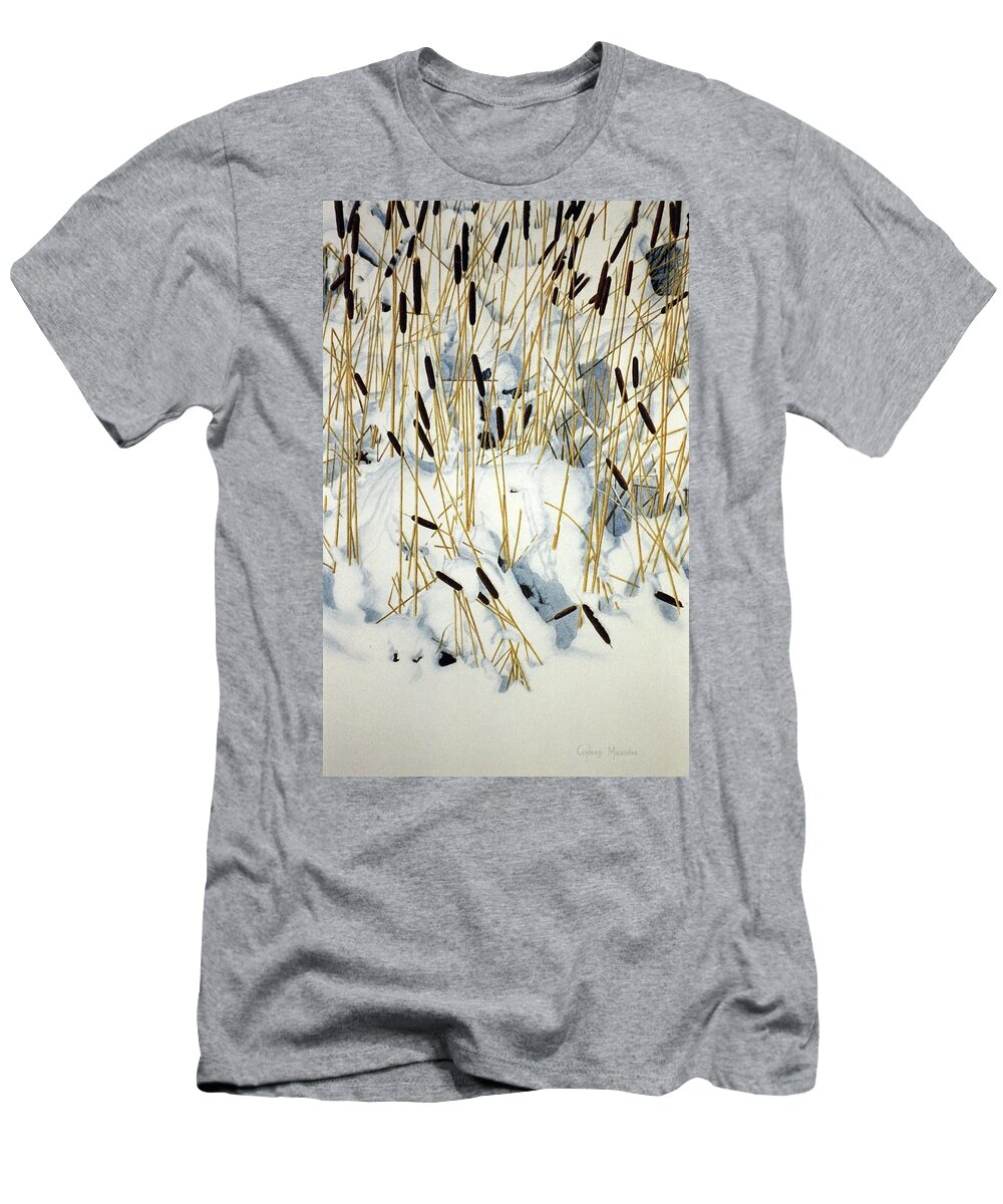 Cattails T-Shirt featuring the painting Winter Cattails by Conrad Mieschke