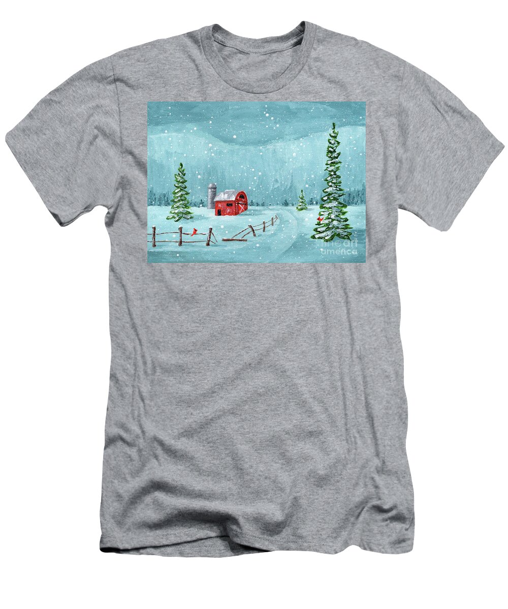 Winter T-Shirt featuring the painting Winter Red Barn by Annie Troe