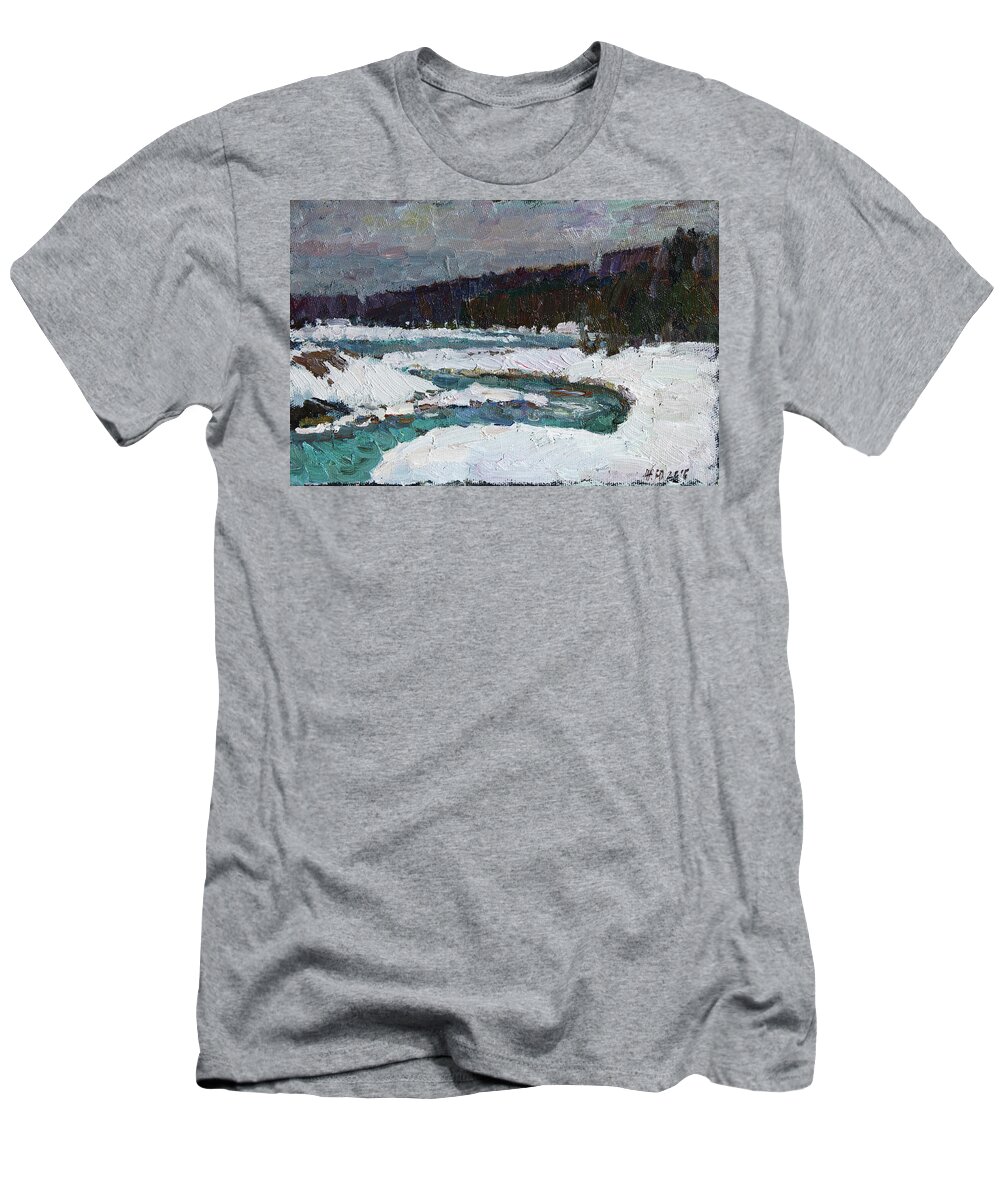 Winter T-Shirt featuring the painting Winter river by Juliya Zhukova