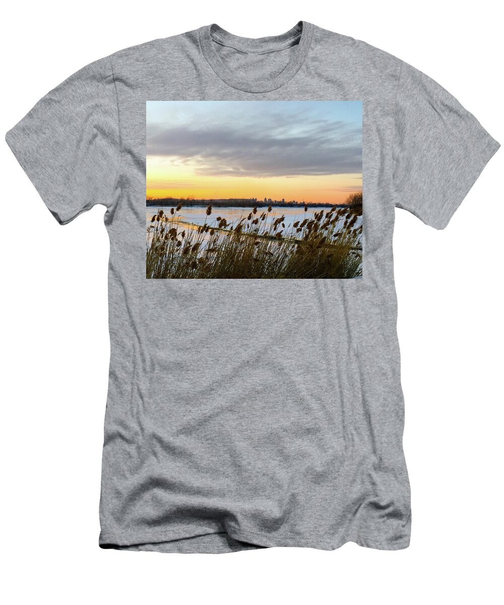 Winter T-Shirt featuring the photograph Winter Sunset by the River and City Skyline by Cristina Stefan