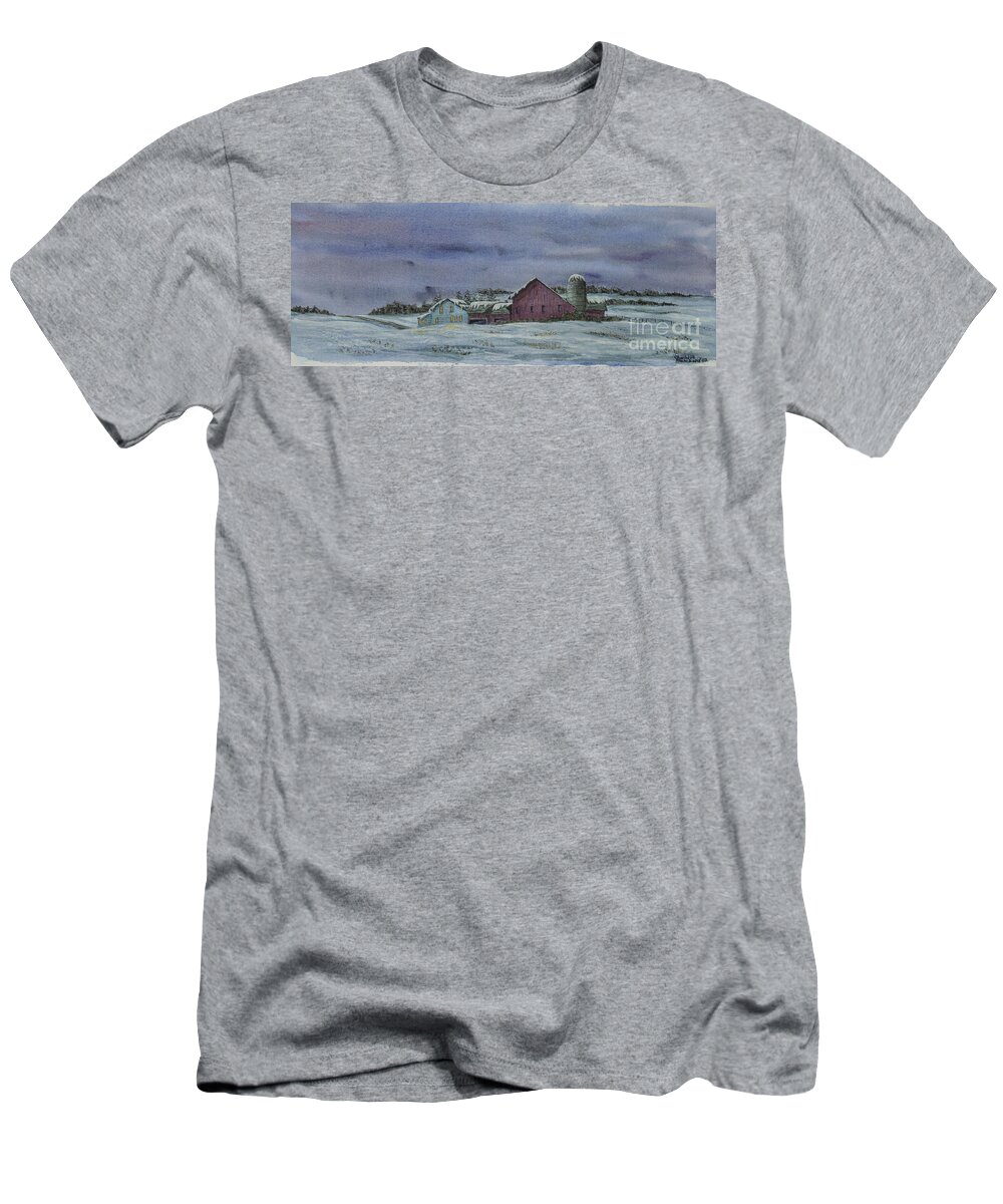 Barn T-Shirt featuring the painting Winter Sunset by Charlotte Blanchard