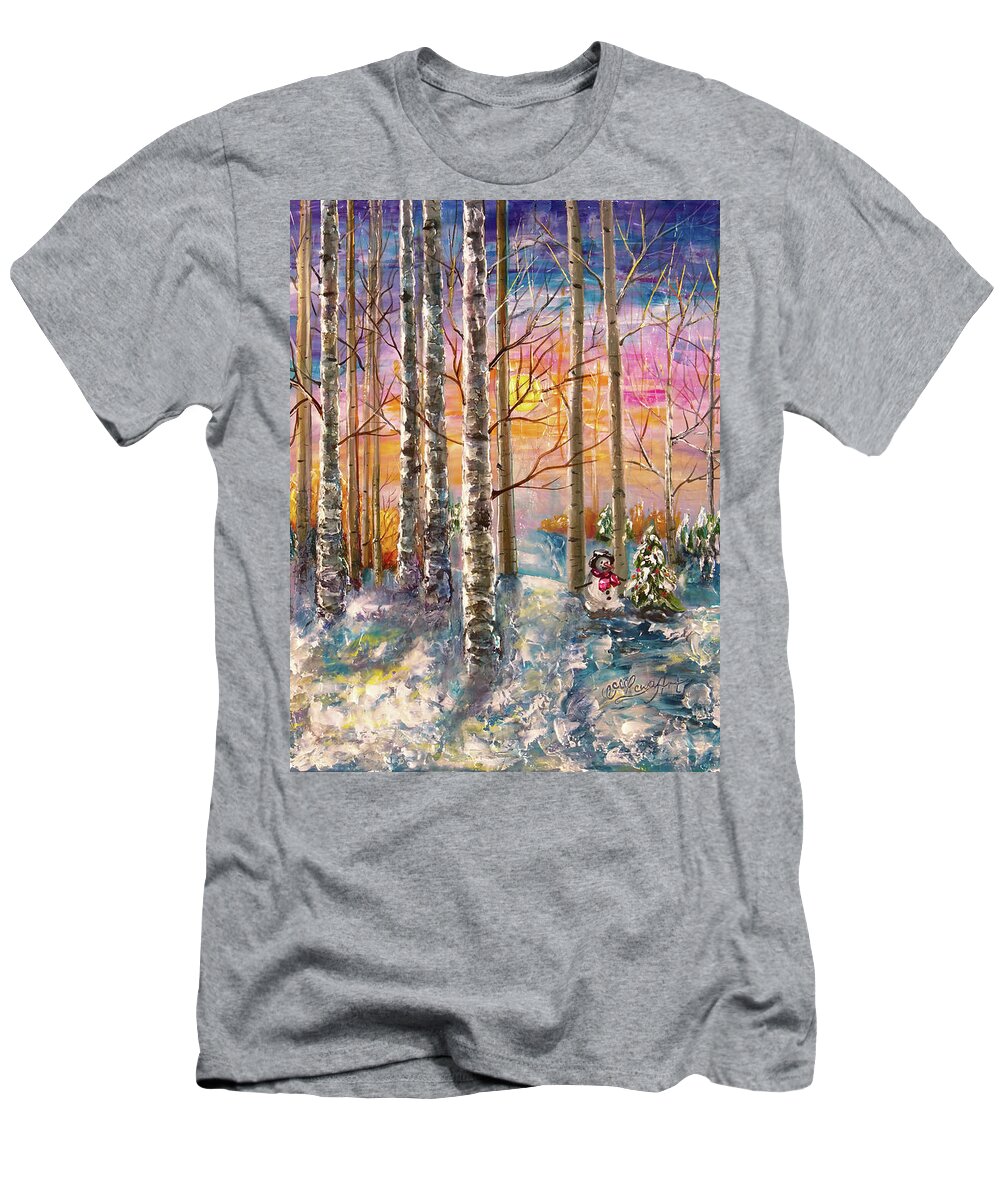 Impressionism T-Shirt featuring the digital art Dylan's Snowman - Winter Sunset Landscape Impressionistic Painting with palette knife by O Lena
