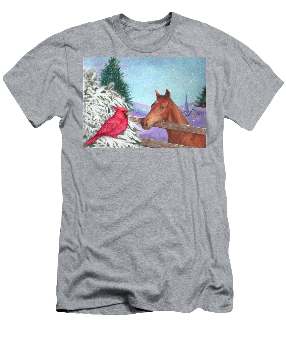 Snowy Landscape T-Shirt featuring the painting Winterscape with horse and cardinal by Judith Cheng