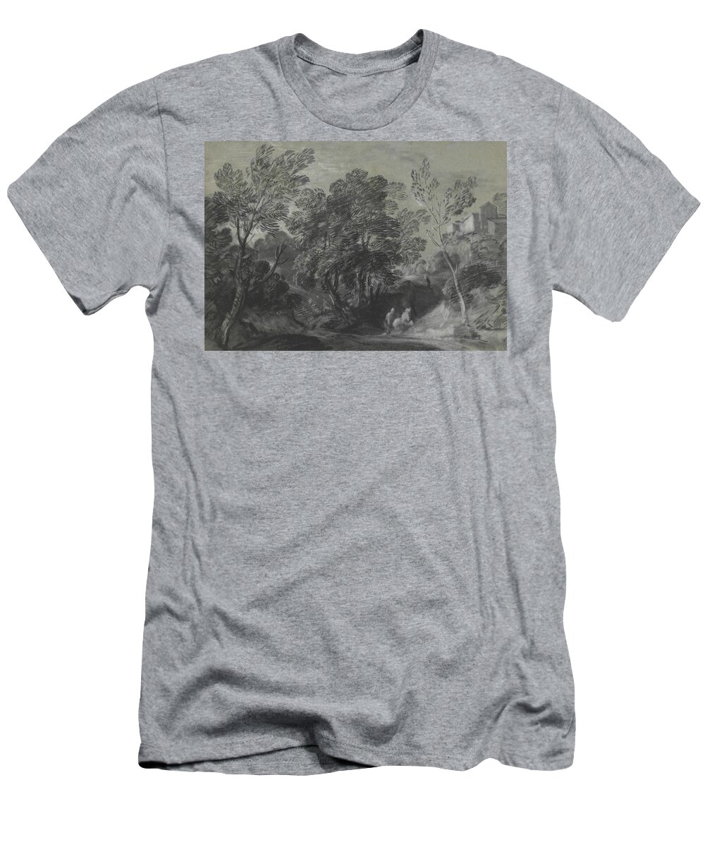 18th Century Art T-Shirt featuring the drawing Wooded Landscape with Figures and Houses on the Hill by Thomas Gainsborough