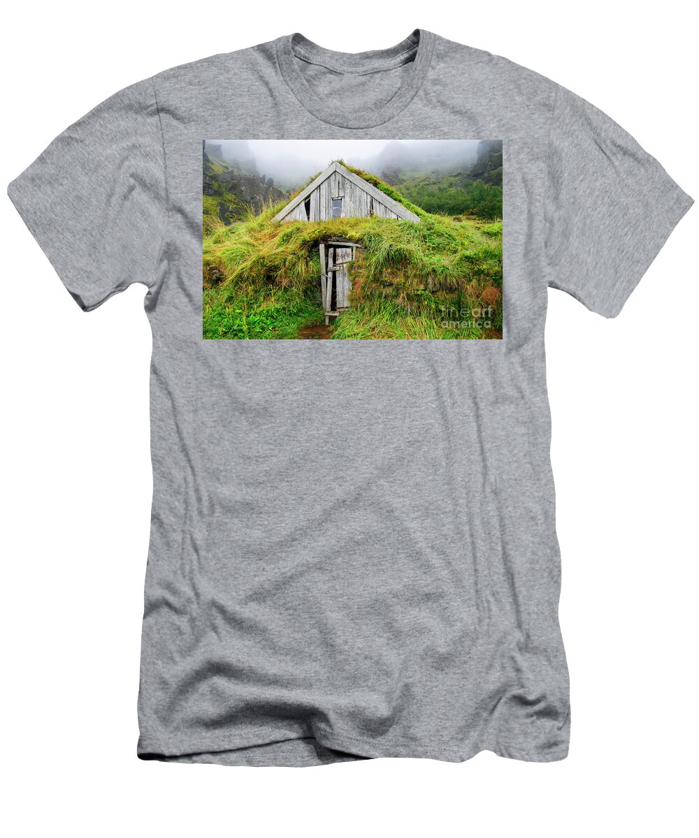Iceland T-Shirt featuring the photograph Wooden house isolated with grass in Iceland by Patricia Hofmeester