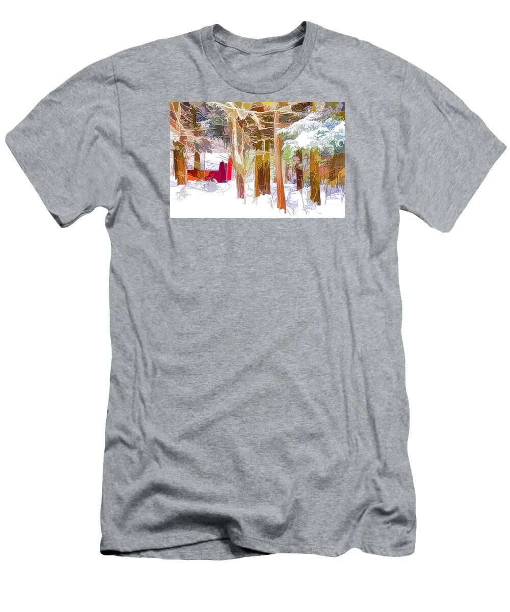 Shed T-Shirt featuring the painting Wooden shed in winter by Jeelan Clark