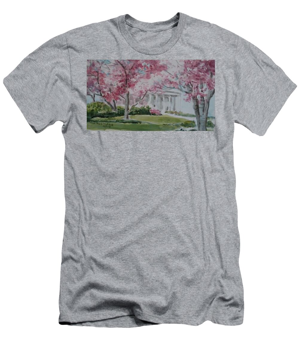 Landscape T-Shirt featuring the painting Woodruff House and Japanese Magnolias by Martha Tisdale