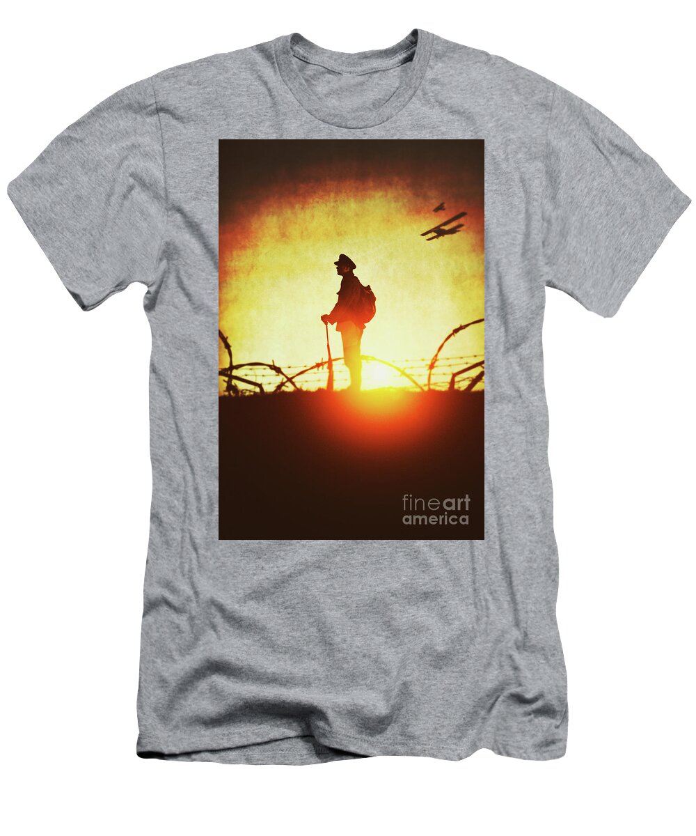 World War One; Wwi; Ww1; First World War; Soldier; Trenches; Rifle; Tin Helmet; Infantry; Infantryman; Man; Khaki; Kaki; Anonymous; Full Length; Outside; Outdoors; Silhouette; Silhouettes; Silhouetted; Sunset; Sunrise; Dusk; Dawn; 1914 - 1918; Historic; Historical; Wartime; Peaked Cap; Battlefield; Uniform; Military; Gun; Weapon; Profile; Alone; Standing; Full Length; Barbed Wire; Front Line T-Shirt featuring the photograph World War One Soldier by Lee Avison
