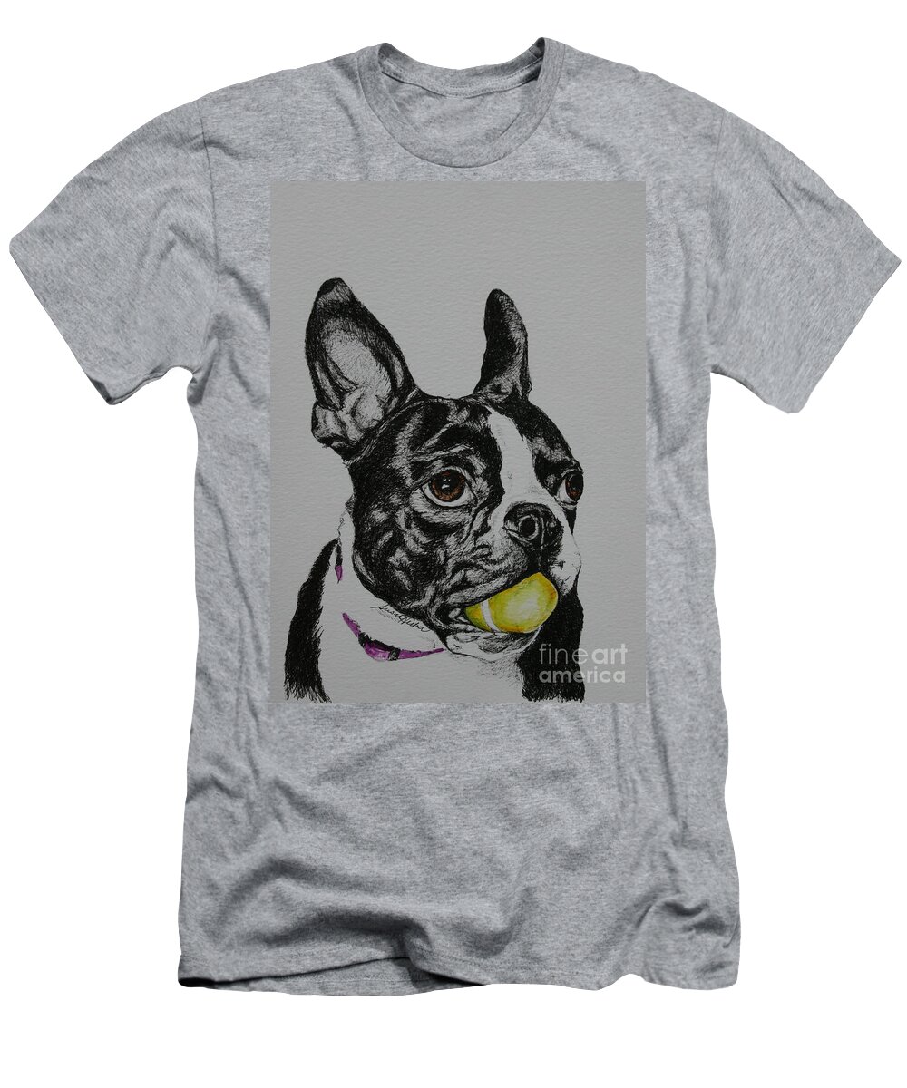 Boston Terrier T-Shirt featuring the mixed media Yellow Ball by Susan Herber