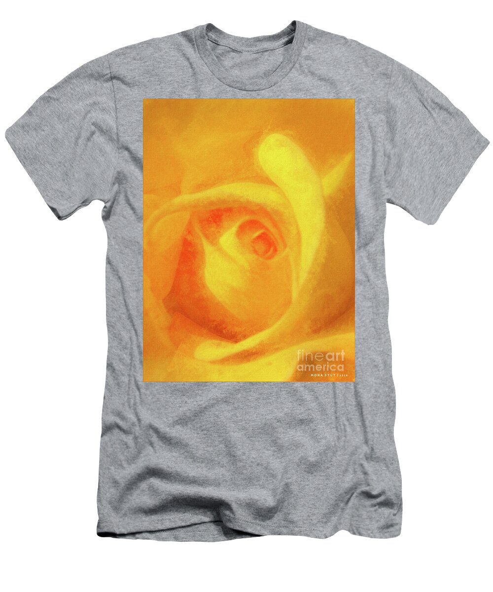 Mona Stut T-Shirt featuring the mixed media Yellow Rose Floral Macro by Mona Stut